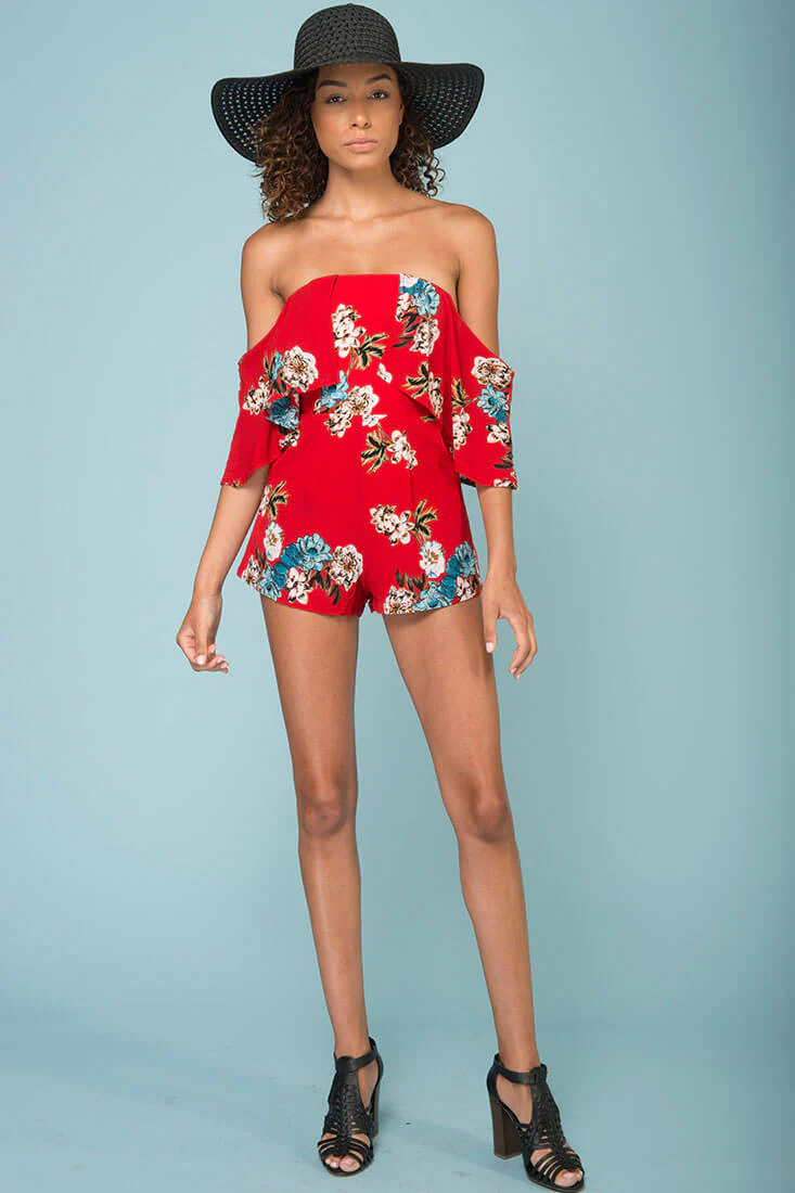 Dixie Floral Print Romper Red