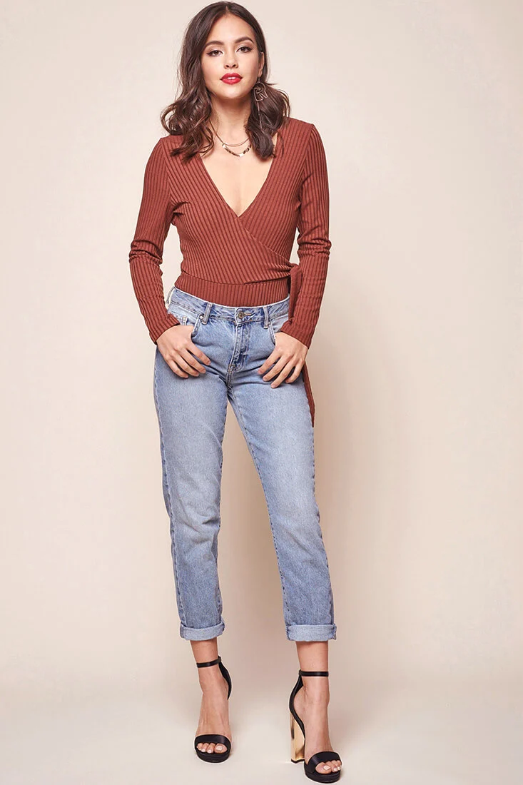 Herieth Long Sleeved Ribbed Bodysuit Chestnut