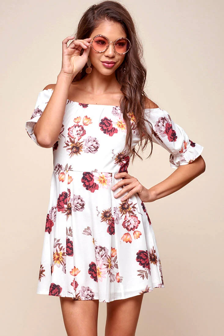 Hera Off the Shoulder Fit and Flare Floral Dress White