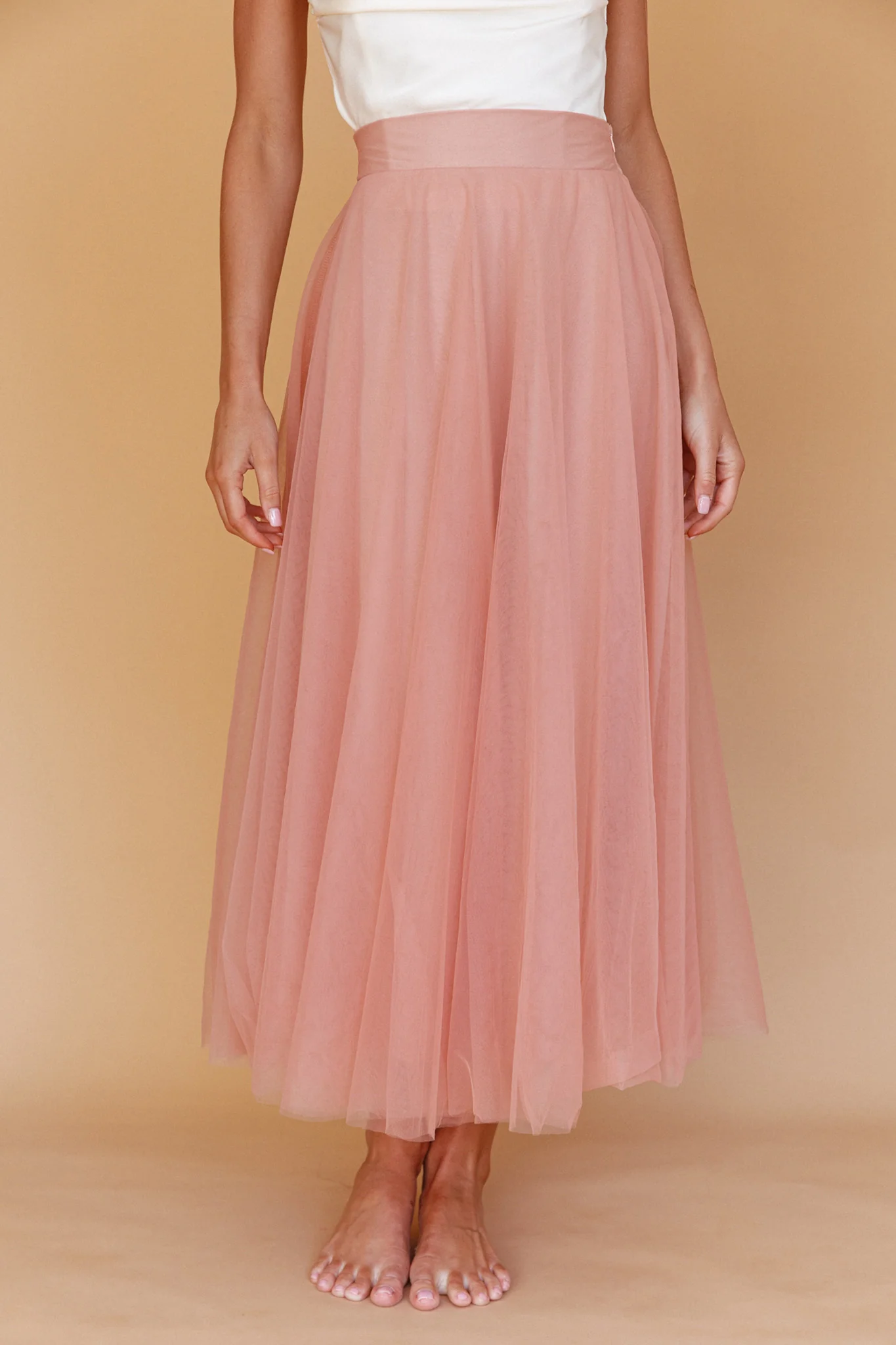 Jasmine Organza Mesh Elasticated Waist Midi Skirt Lipstick