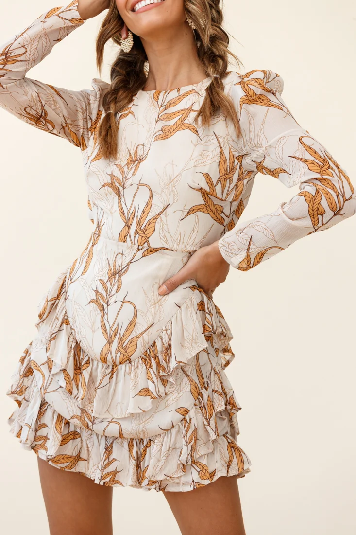 Liz Long Sleeve Double Ruffle Dress Leaf Print Beige