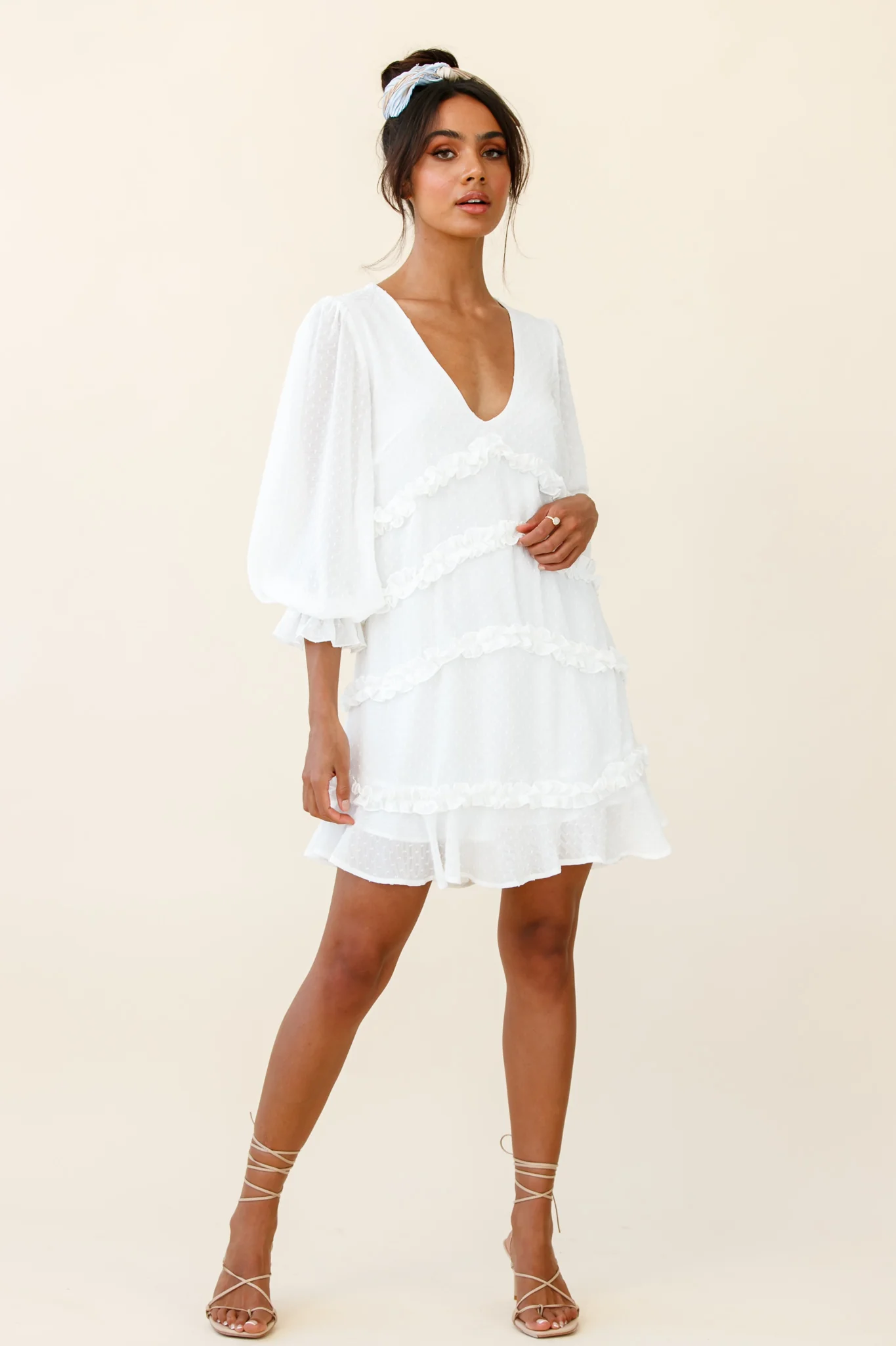 Tabitha Balloon Sleeve Loose Fit Frill Detail Dress White