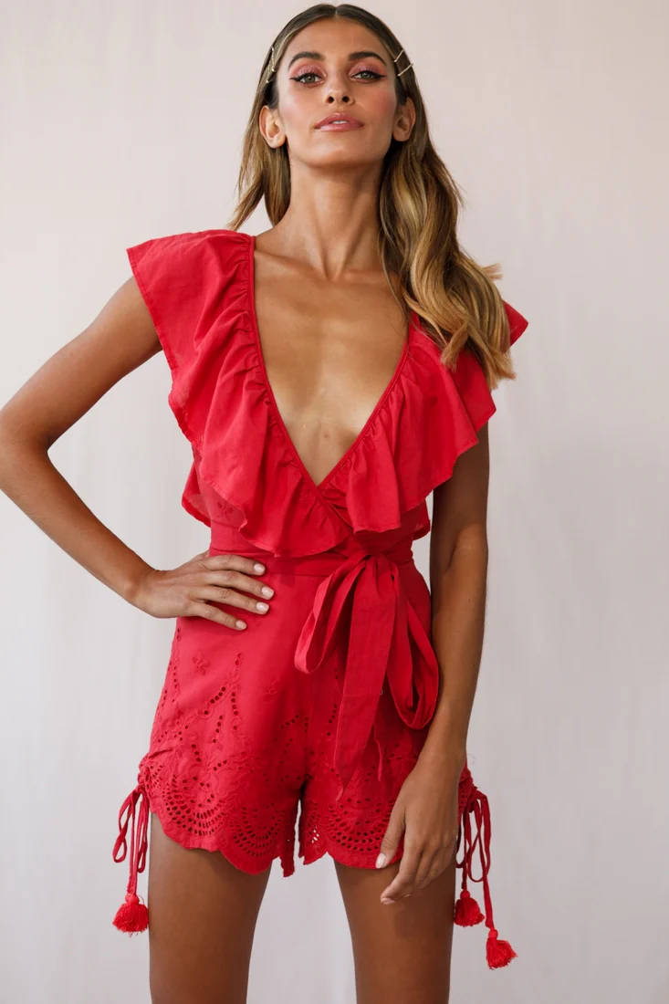 Kipper V-Neck Scalloped Romper Red