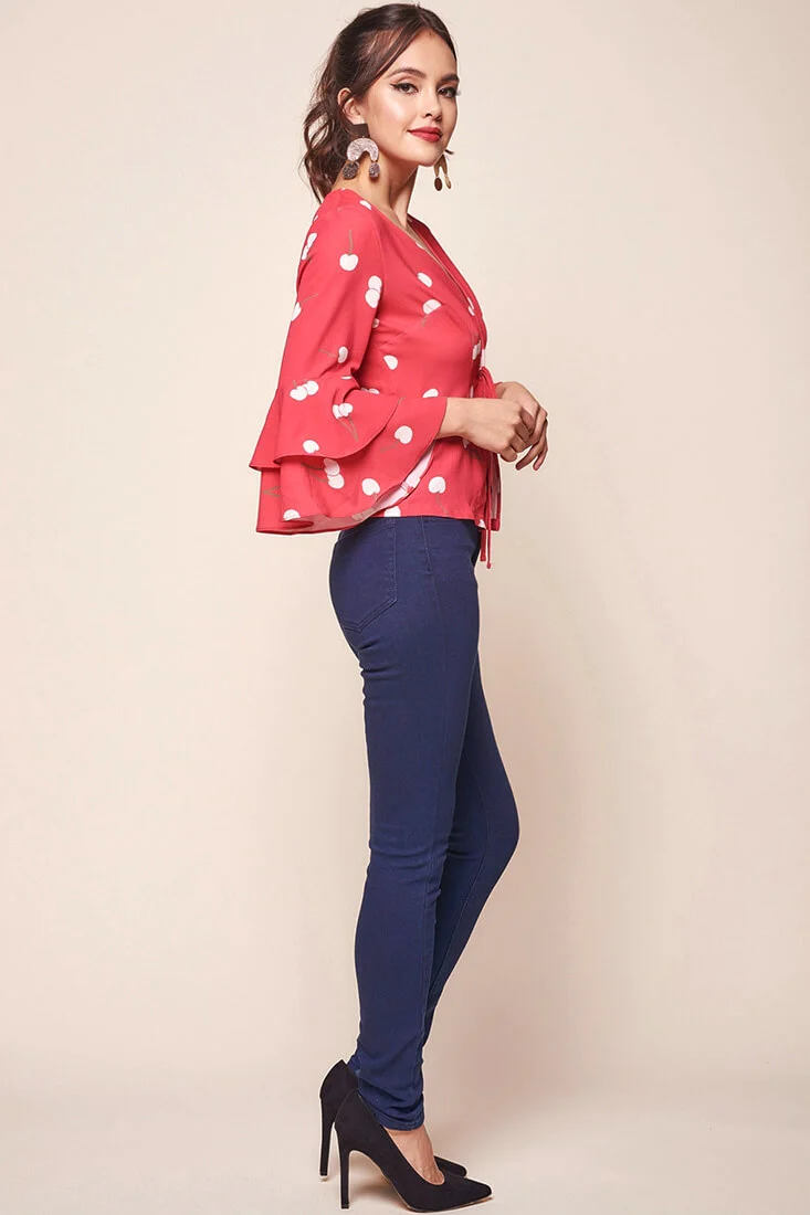 Robbi Cherry on Top Deep V Bell Sleeved Top Red