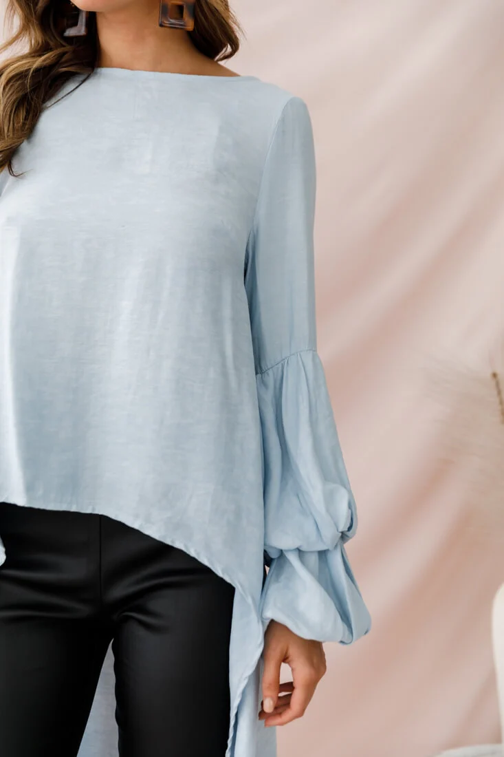 Elaine High Low Balloon Sleeve Top Blue