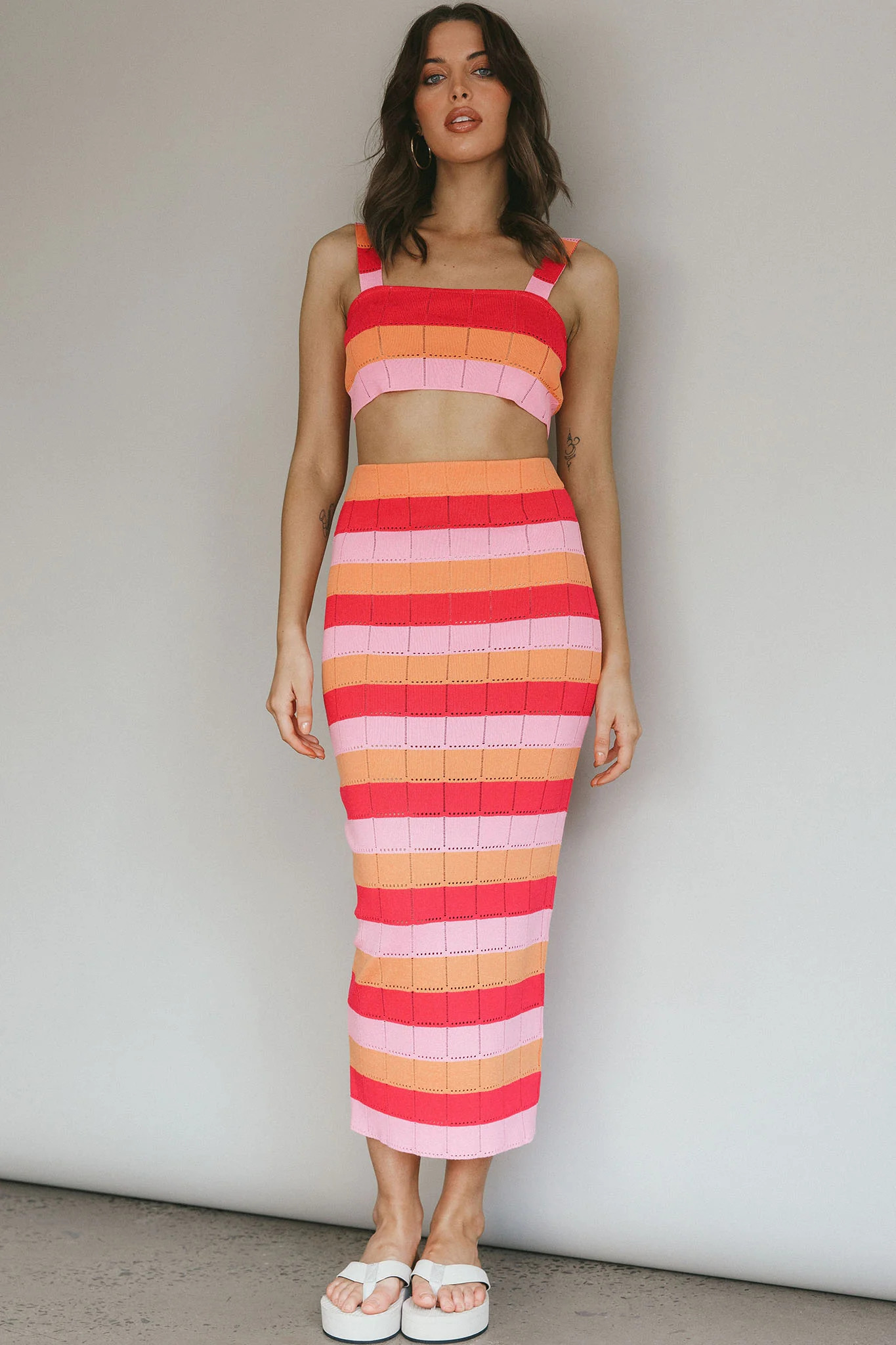 Chase The Sunrise Knit Maxi Skirt Striped Pink
