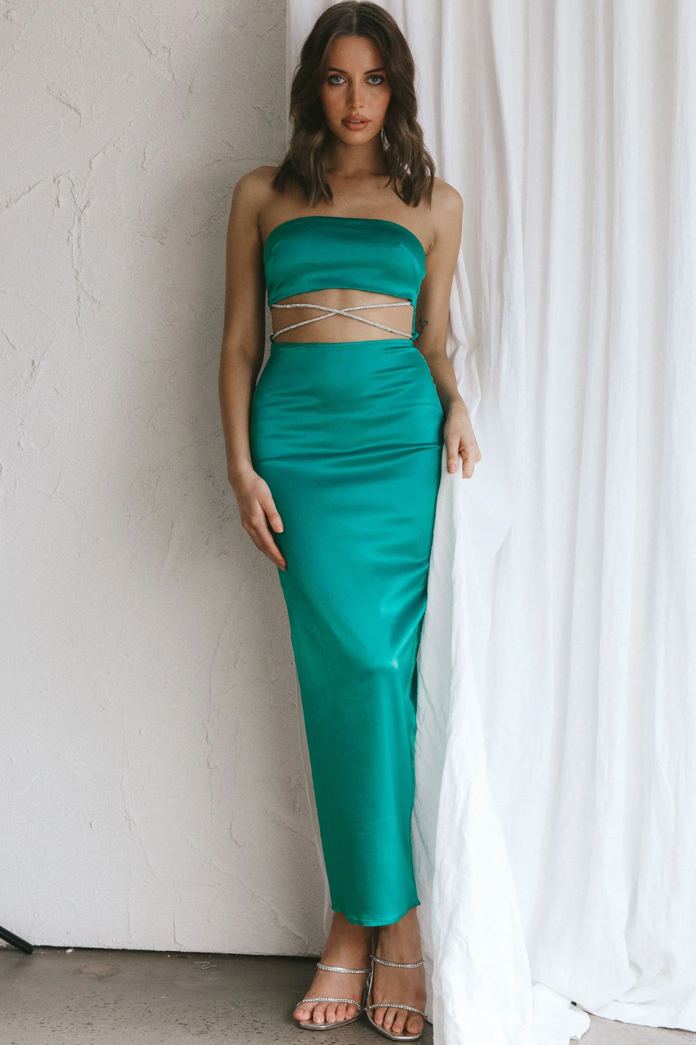 Nohemi Strapless Diamante Maxi Dress Green