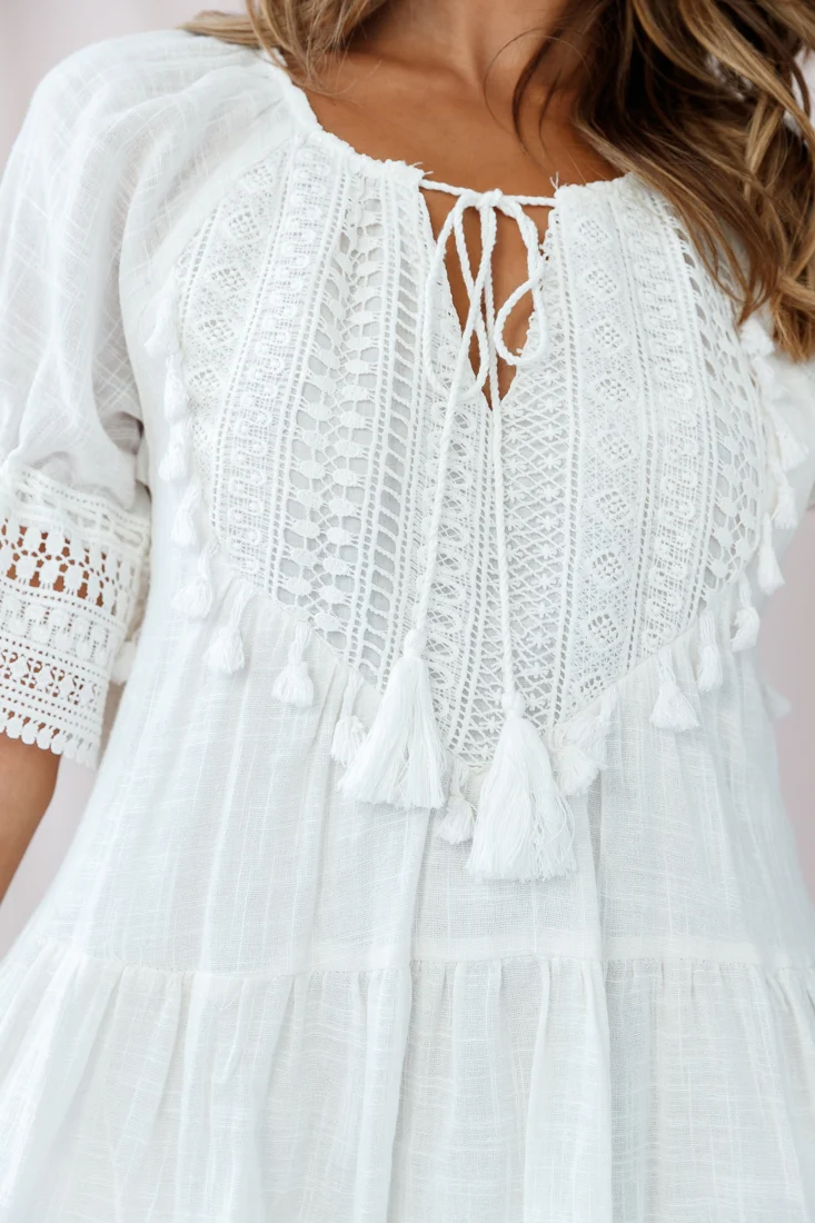 Jada Crochet and Tassel Kaftan Dress White