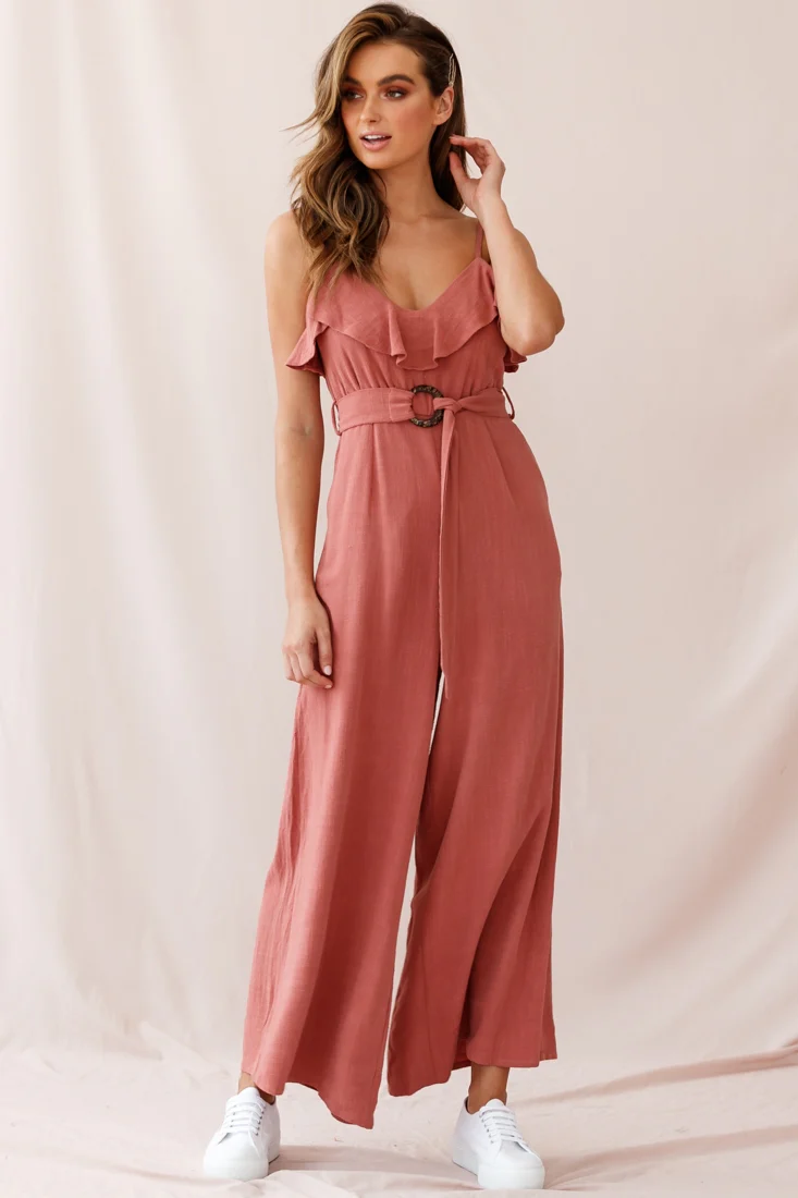 Mason Ruffle Neckline Wooden Buckle Belt Jumpsuit Rose