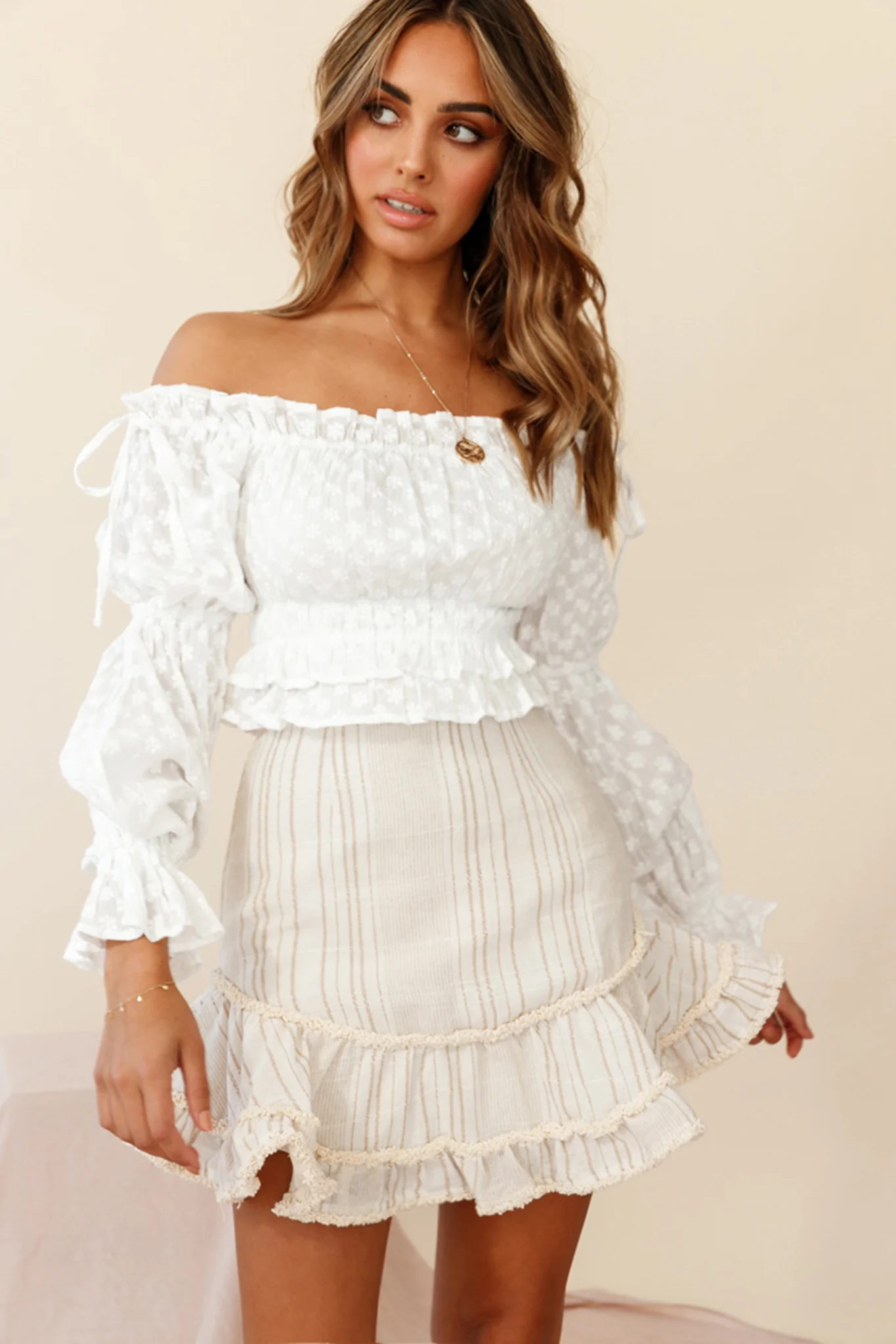 Eve Ruffle Hem Linen Blend Skirt White/Mocha Stripe