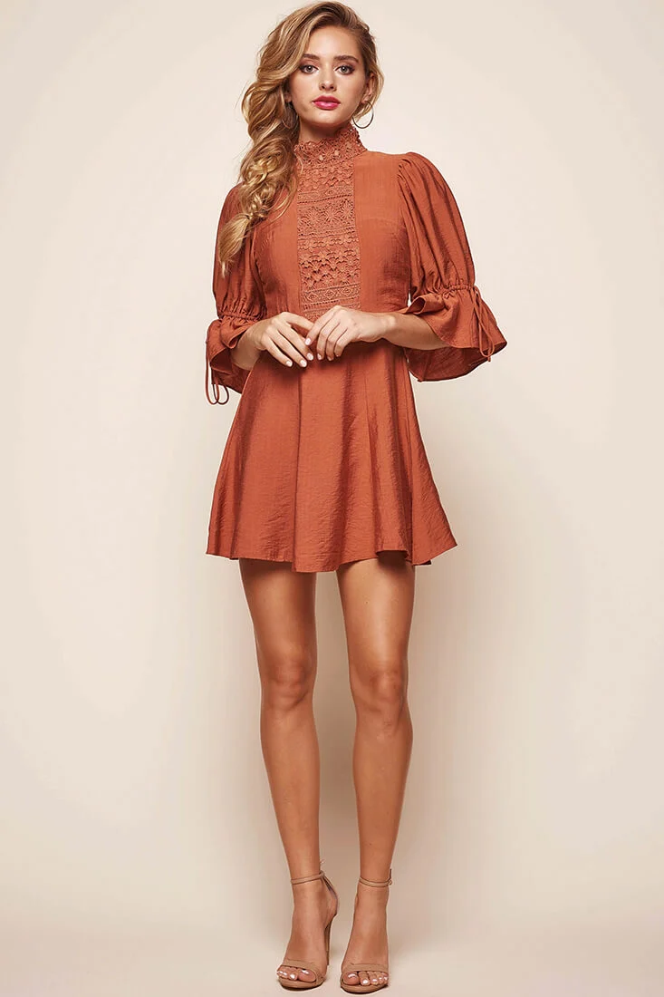 Martha High Neck Babydoll Dress Rust