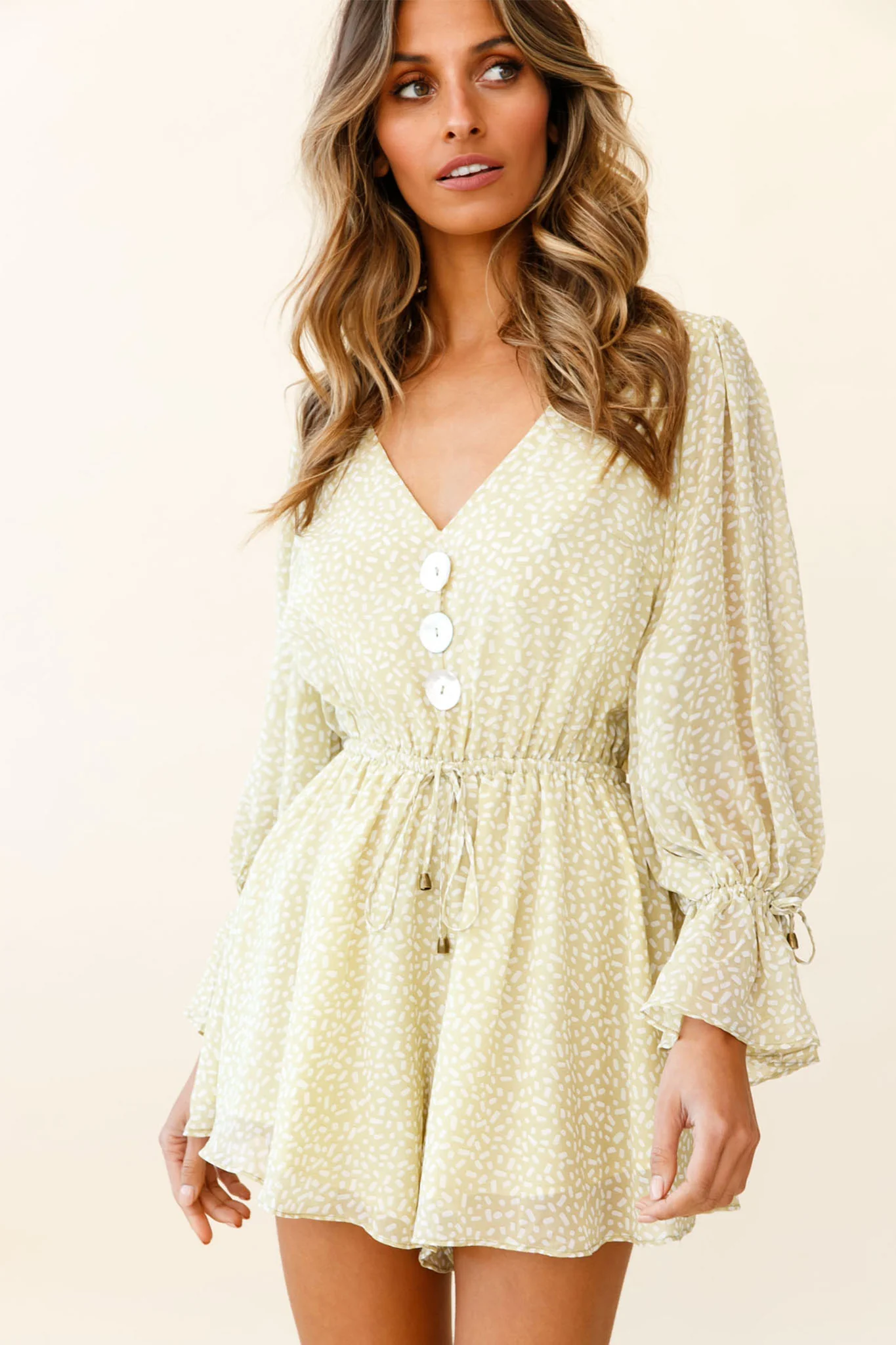 Believe It Or Not Long Sleeve Drawstring Romper Sprinkle Print Green