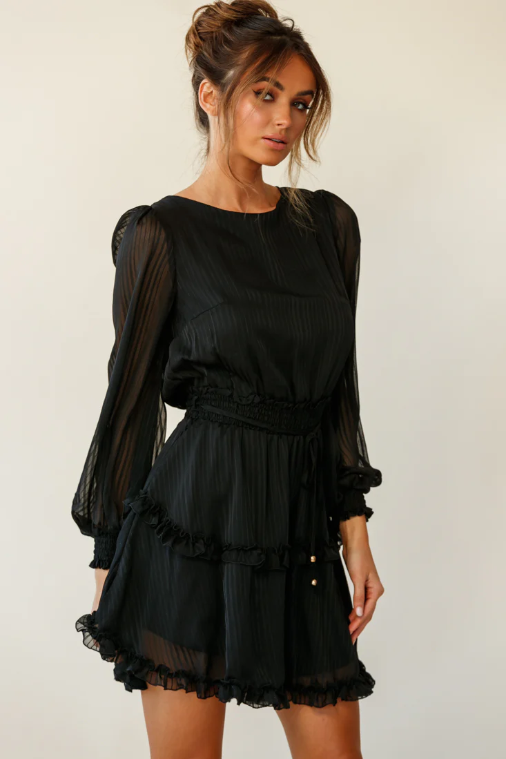 Mildred Long Sleeve Shirred Waist Frill Dress Black