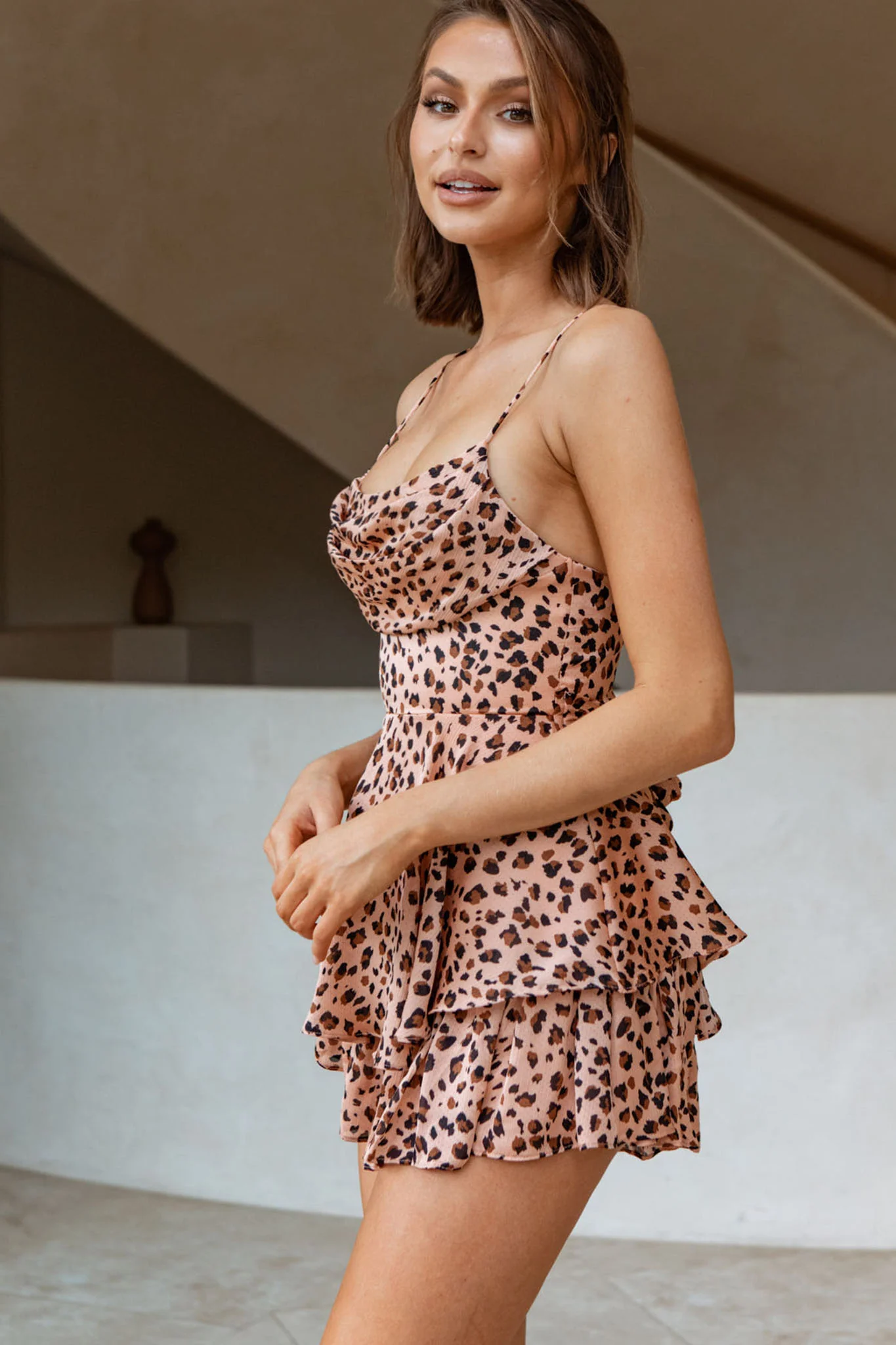 Well Versed Cowl Neck Flounce Romper Animal Print Blush