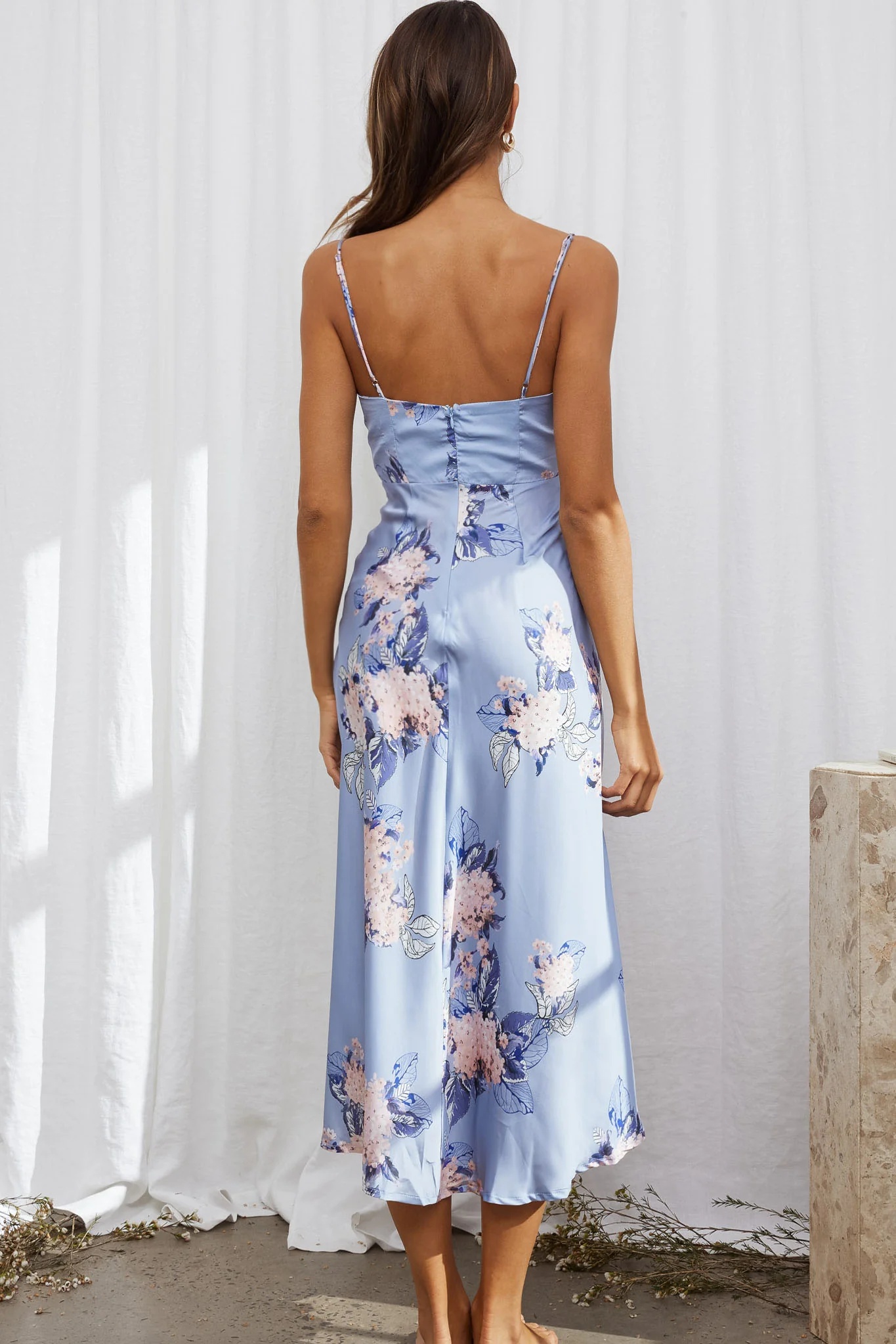 Suki Front Split Midi Dress Hydrangea Print Blue