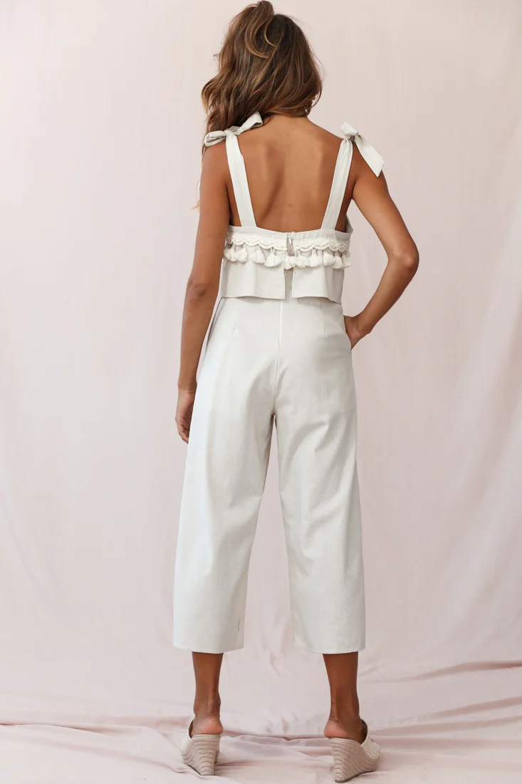 Sirocco Tassel Trim Tied Shoulder Midi Jumpsuit Natural