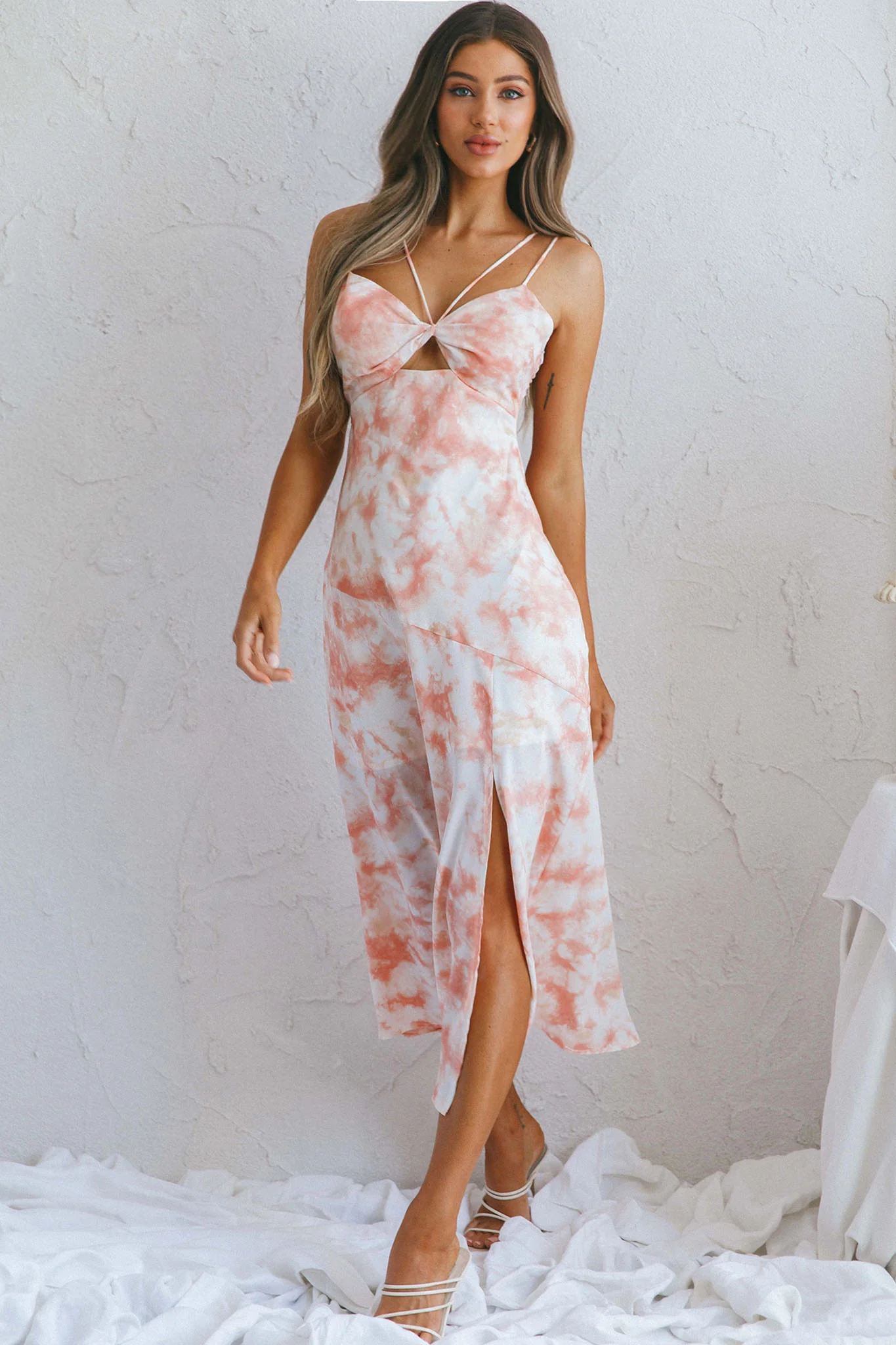 She Reigns Twist Bust Split Midi Dress Tie Dye Pink