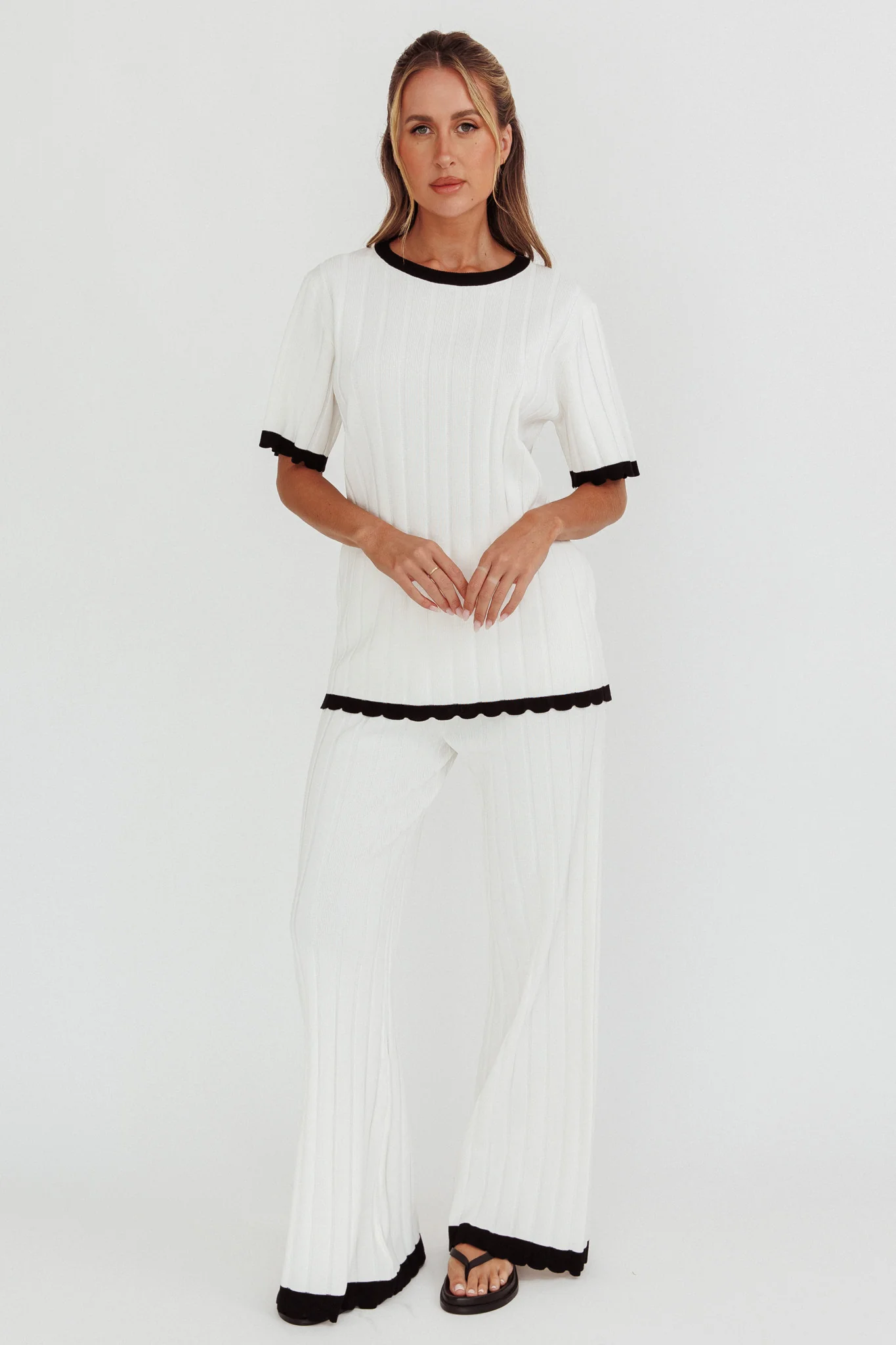 Liloh Contrast Trim Ribbed Knit Pants White