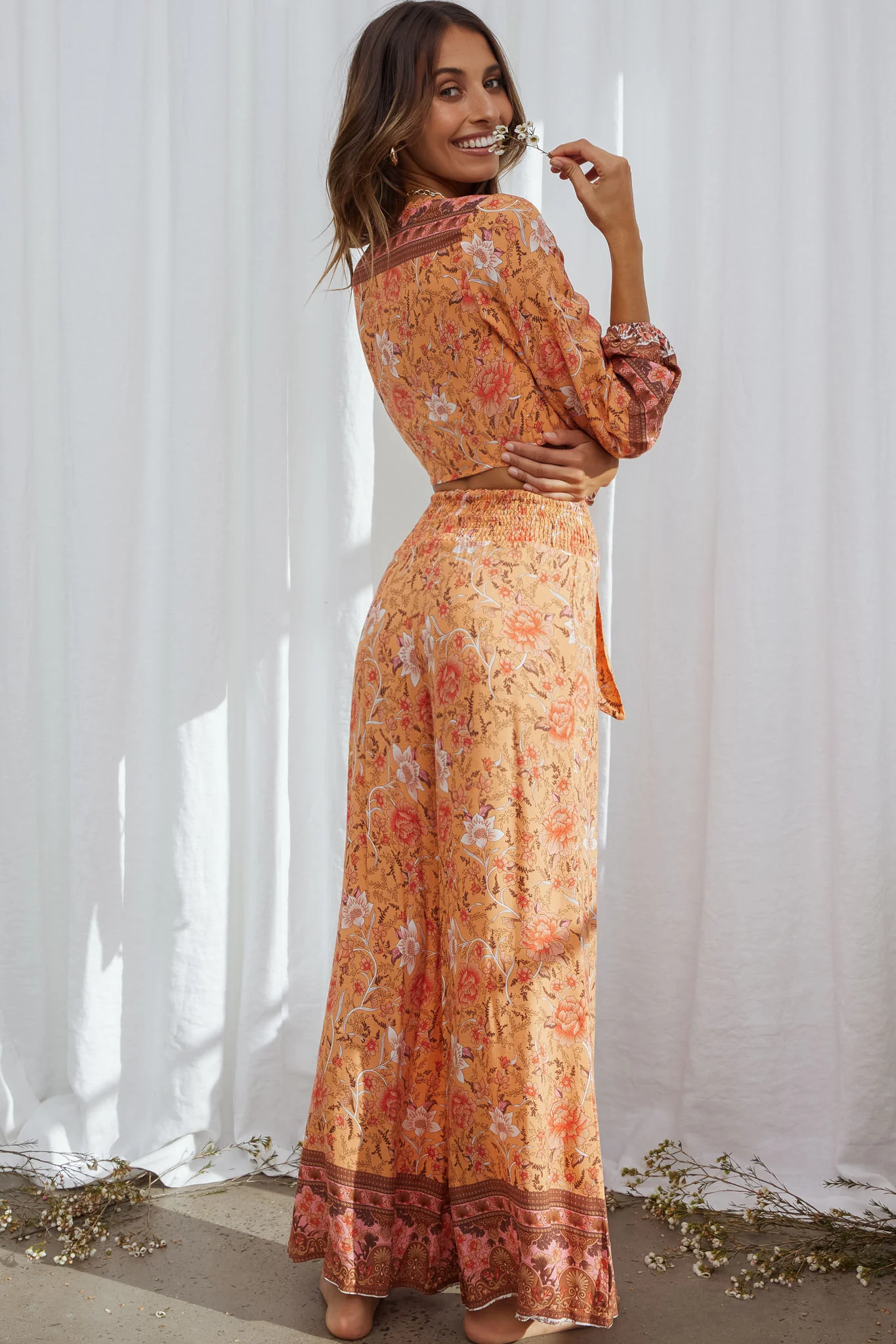 Novo Shirred Waist Long Pants Bohemian Print Orange