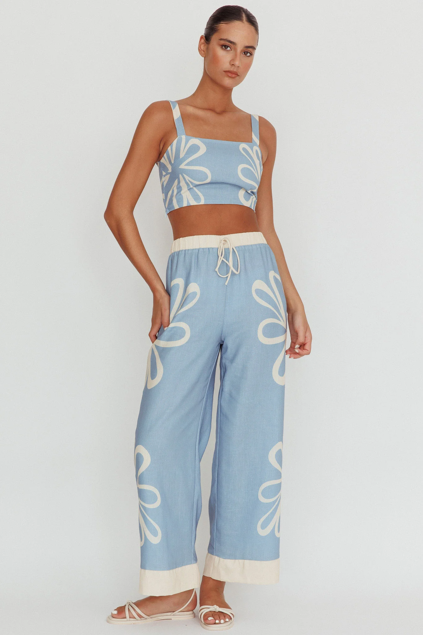 Briar Floral Wide Leg Pants Beige Blue