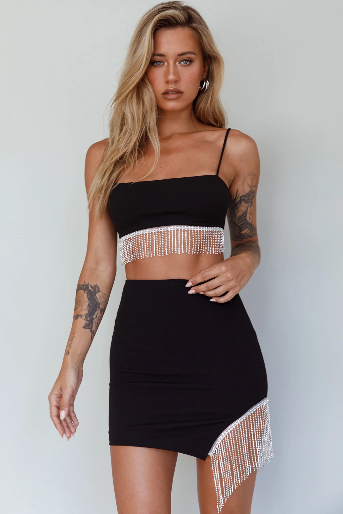 Call On Me Diamante Fringe Mini Skirt Black