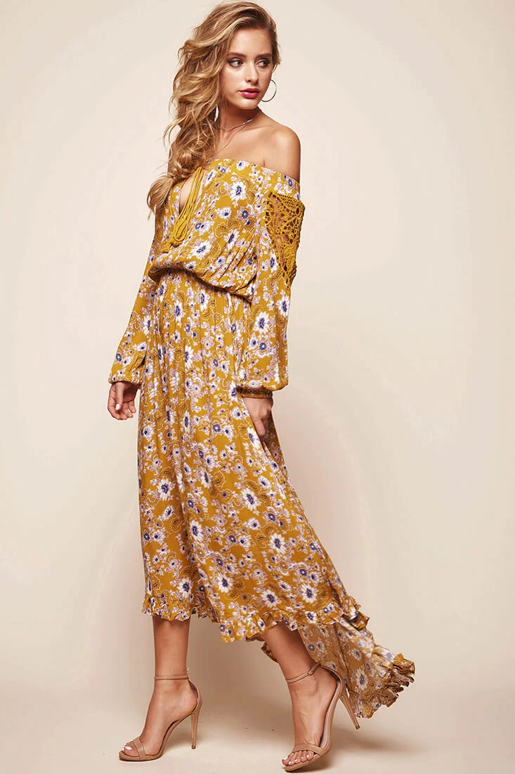 Mojave Off-Shoulder Floral Maxi Dress Mustard