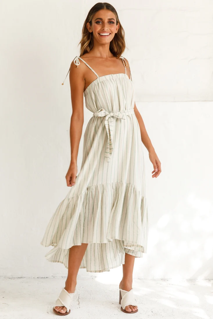 Golden Days Tied-Shoulder Midi Dress Stripe Pattern Olive