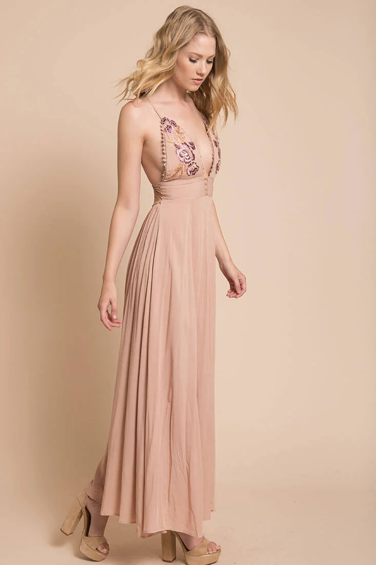 Summer Wedding Embroidered Floral Maxi Dress Mocha
