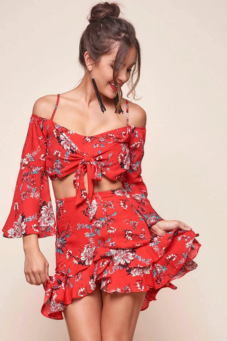 Bellisario Floral Cropped Caribbean Top Red