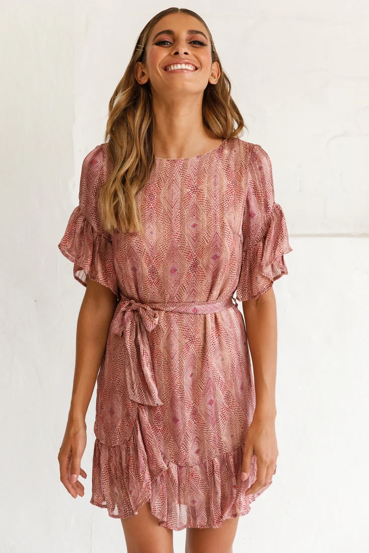 Azealia Ruffle Hem Dress Diamond Print Wine