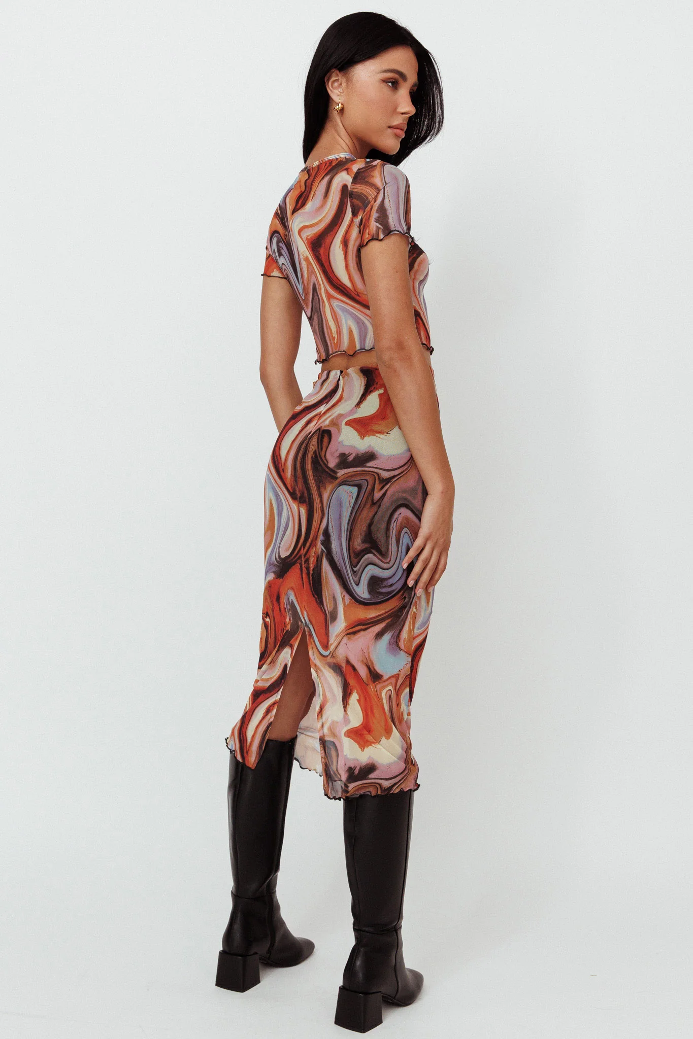 Priyanka Lettuce Edge Mesh Midi Skirt Brown Multi