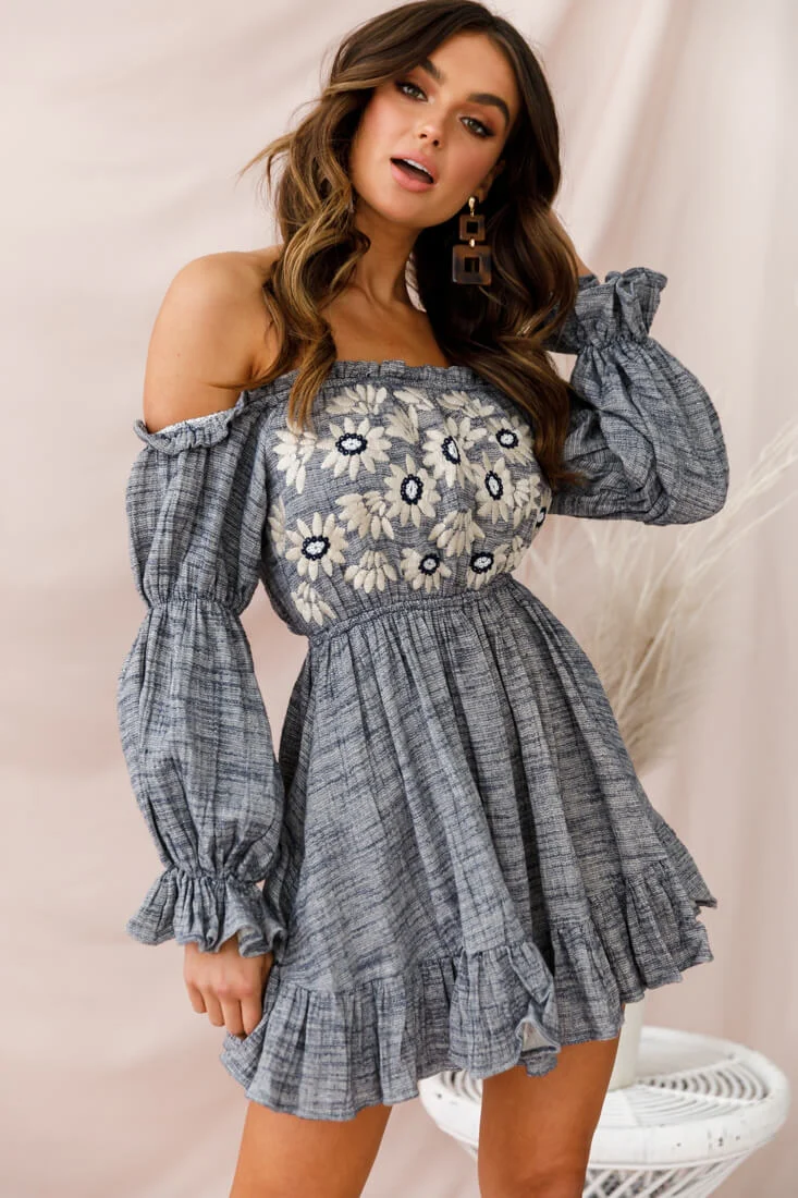 Kayla Off-Shoulder Daisy Embroidered Dress Blue