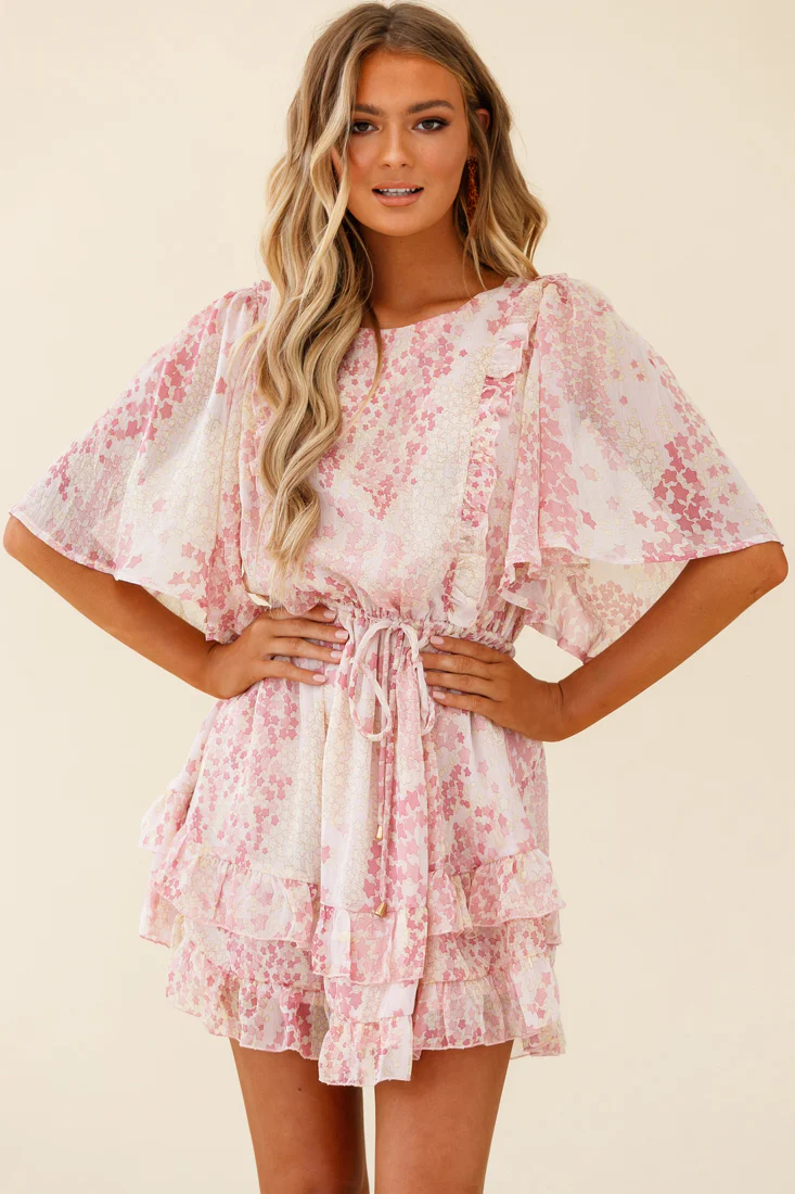 Stars Aligned Angel Sleeve Drawstring Waist Dress Star Print Pink