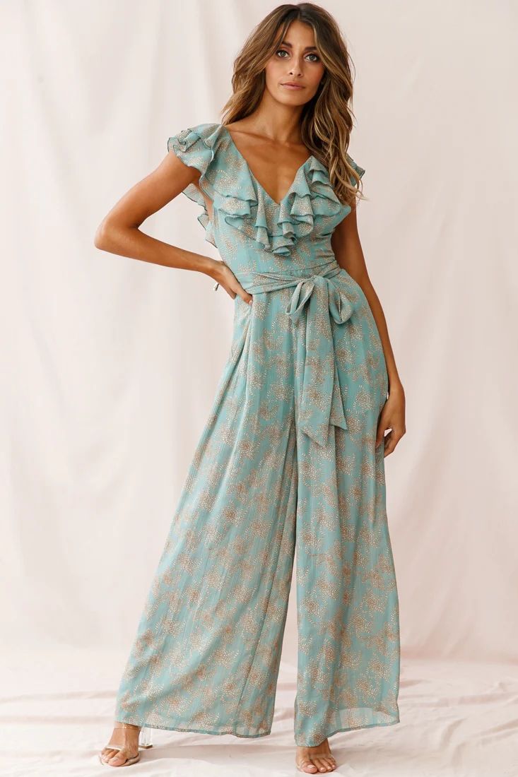 Marcia Ruffle Strap Wide Leg Jumpsuit Floral Print Sage