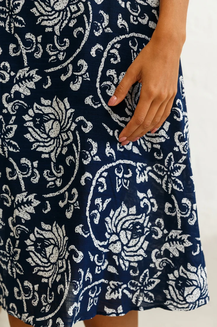 Magdalene Frill Strap A-Line Midi Dress Floral Print Navy