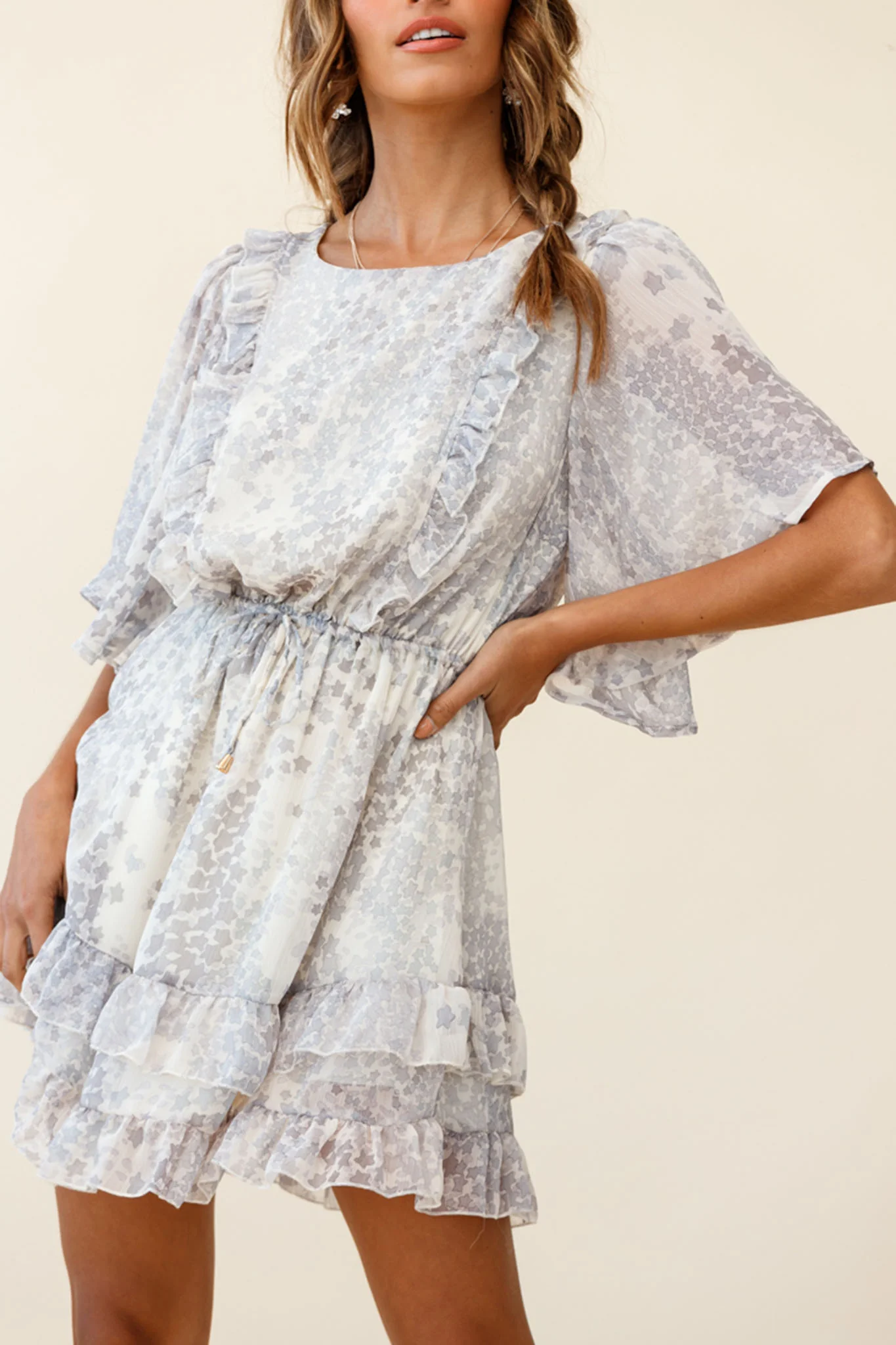 Stars Aligned Angel Sleeve Drawstring Waist Dress Star Print Grey