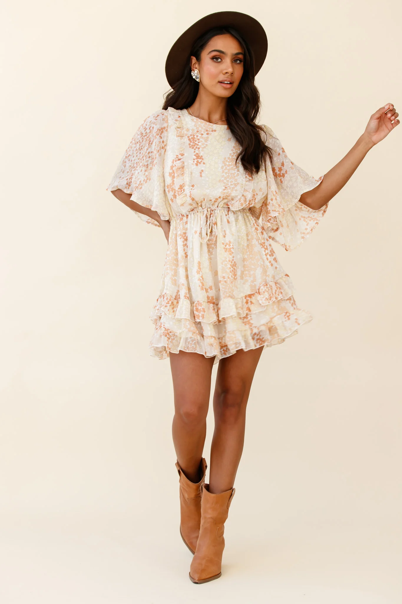 Stars Aligned Angel Sleeve Drawstring Waist Dress Star Print Orange