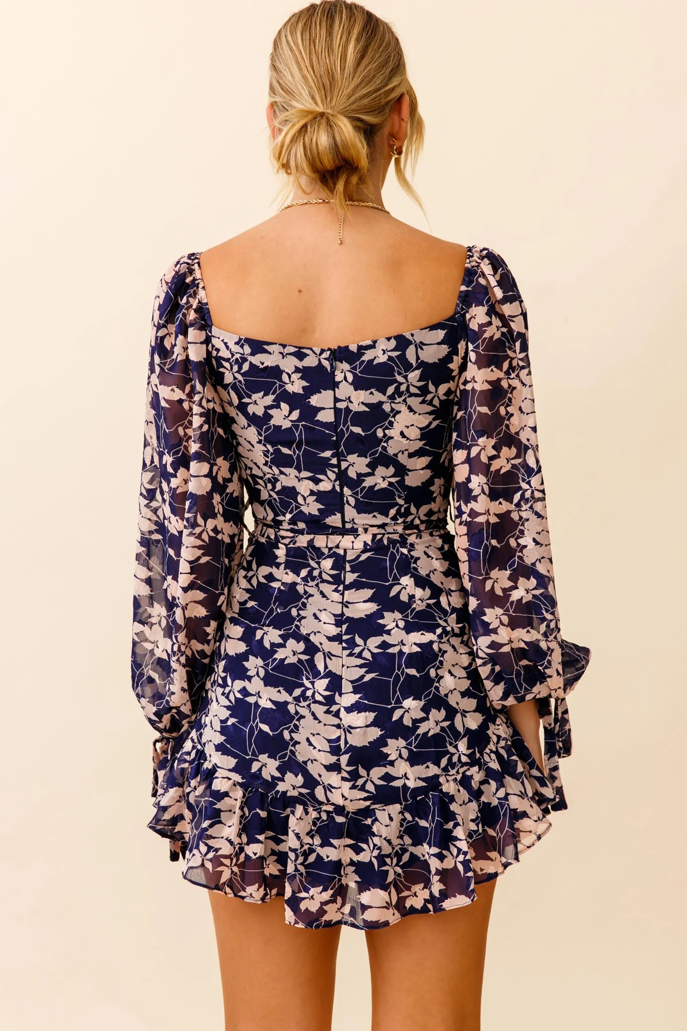 Make Memories Balloon Sleeve Molded Bust Dress Leaf Print Navy