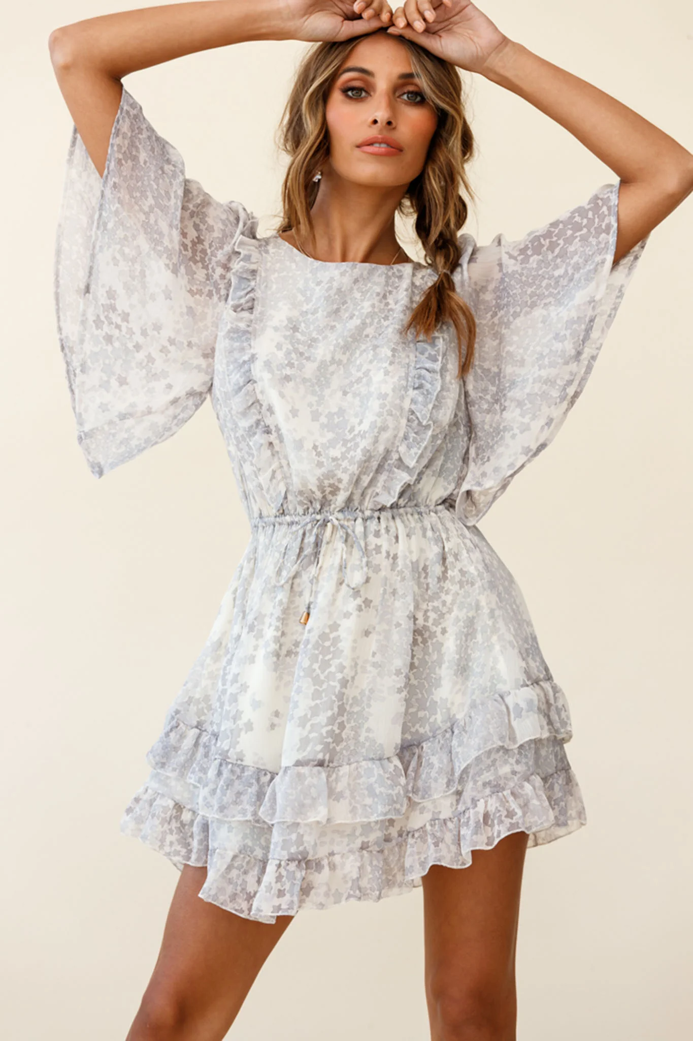 Stars Aligned Angel Sleeve Drawstring Waist Dress Star Print Grey