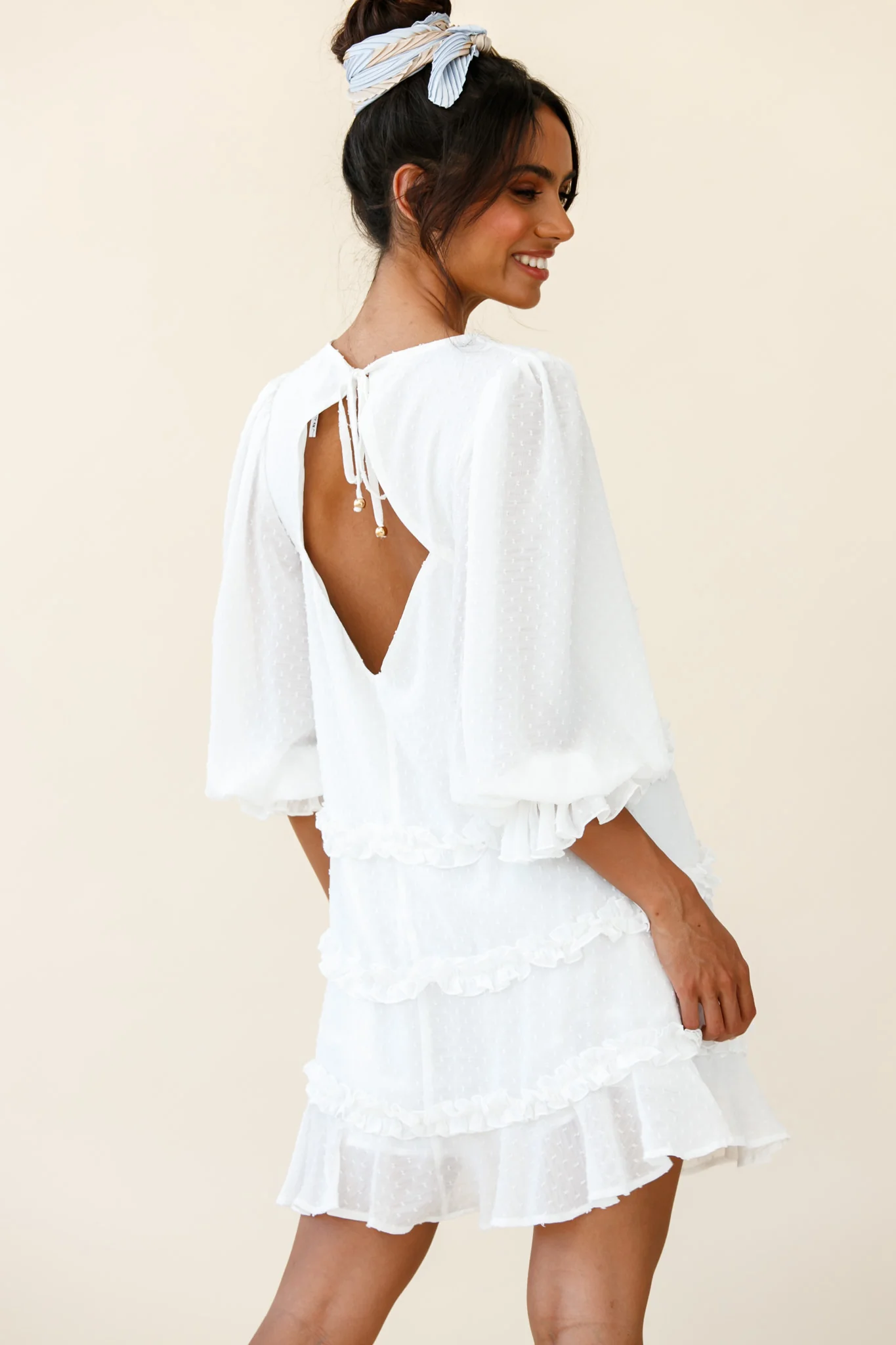 Tabitha Balloon Sleeve Loose Fit Frill Detail Dress White