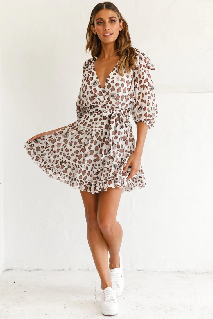 Cherish Bow Shoulder Ruffle Detail Dress Floral Animal Print White