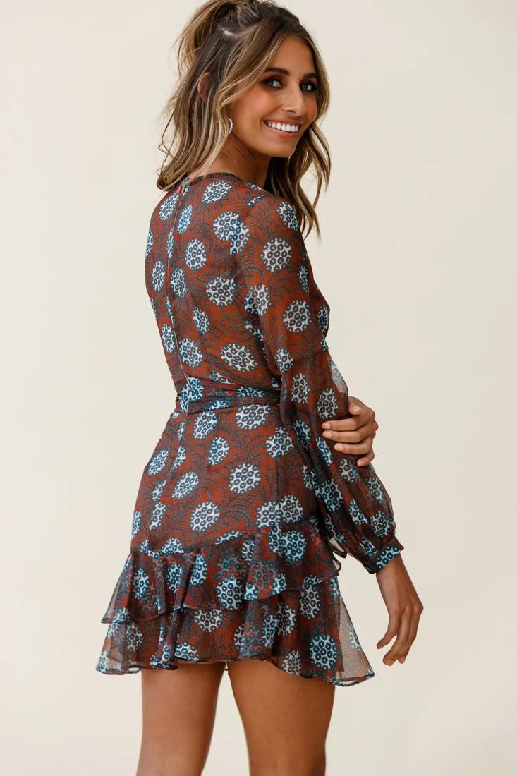 Kerry Layered Balloon Sleeve Dress Leaf Print Brown