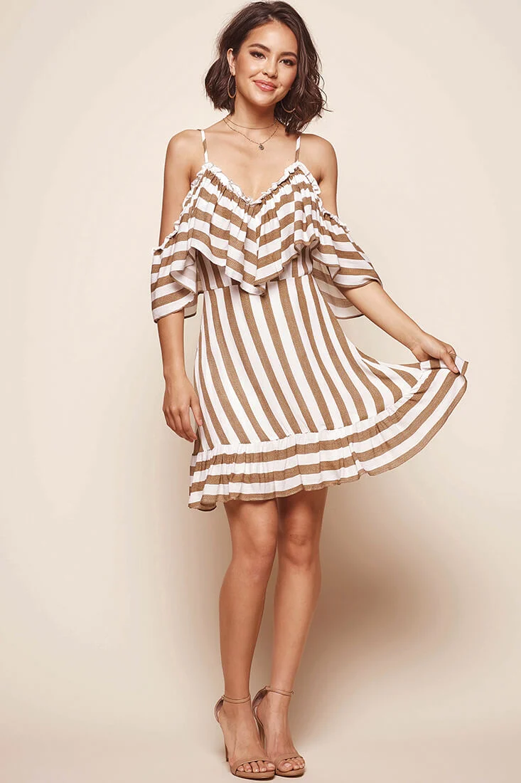 Fawn Cold Shoulder Striped Dress Beige