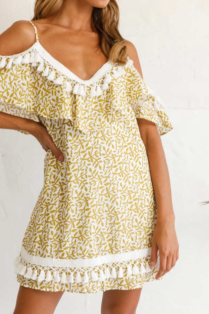 Hayman Cold-Shoulder Tassel Trim Dress Mustard Print
