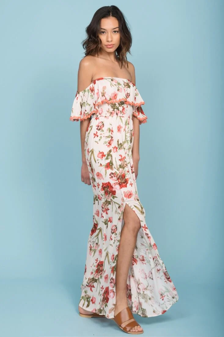 Tuscany Off The Shoulder Maxi Dress White & Red