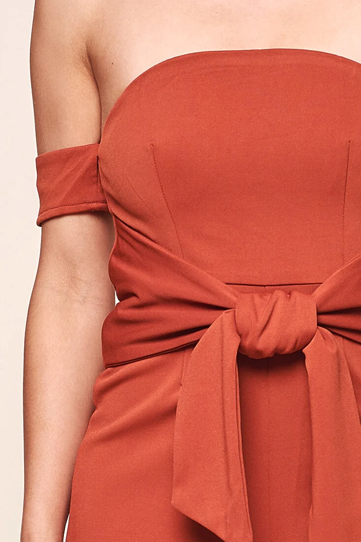 Joan Off the Shoulder Waist Tie Wide Leg Jumpsuit Rust