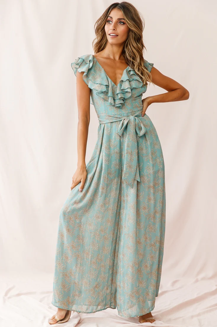 Marcia Ruffle Strap Wide Leg Jumpsuit Floral Print Sage