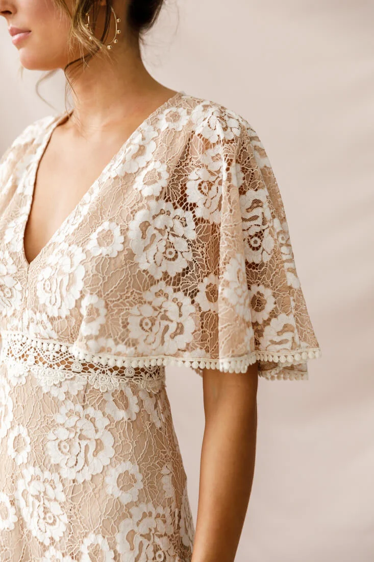 Geneva Cape Sleeve Lace Dress Nude