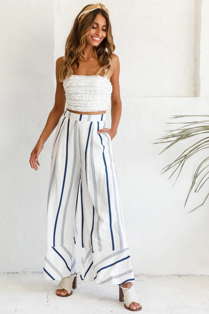 Hermosa Wide Leg Pocket Pants Stripe Print Navy