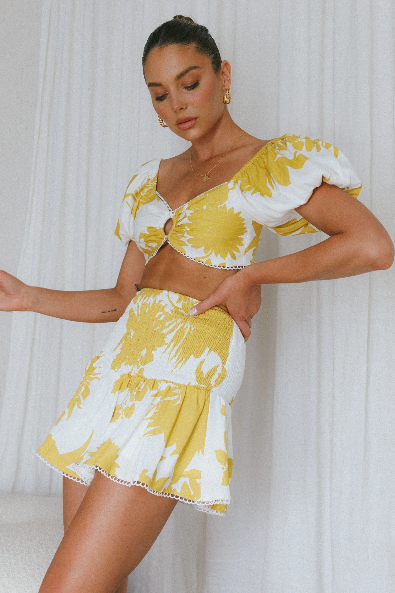 Escape With Me Shirred Mini Skirt Printed Mustard